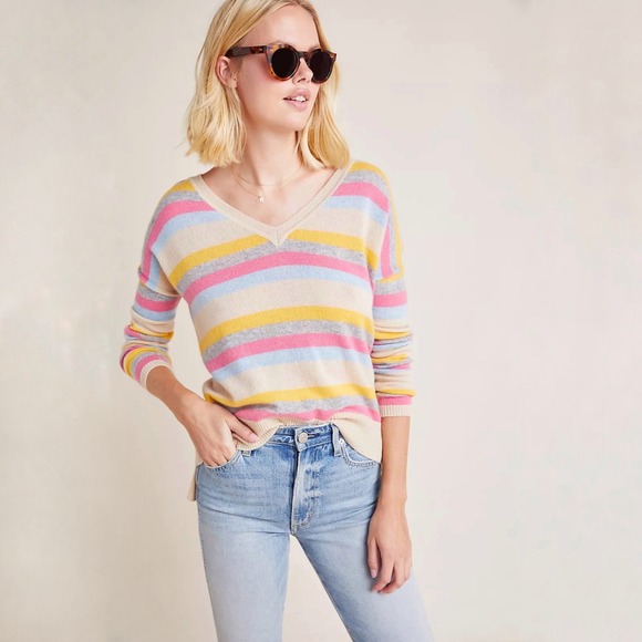 Anthropologie Charli Lydia 100% Cashmere V Neck Striped Sweater Womens Size S - Picture 1 of 10